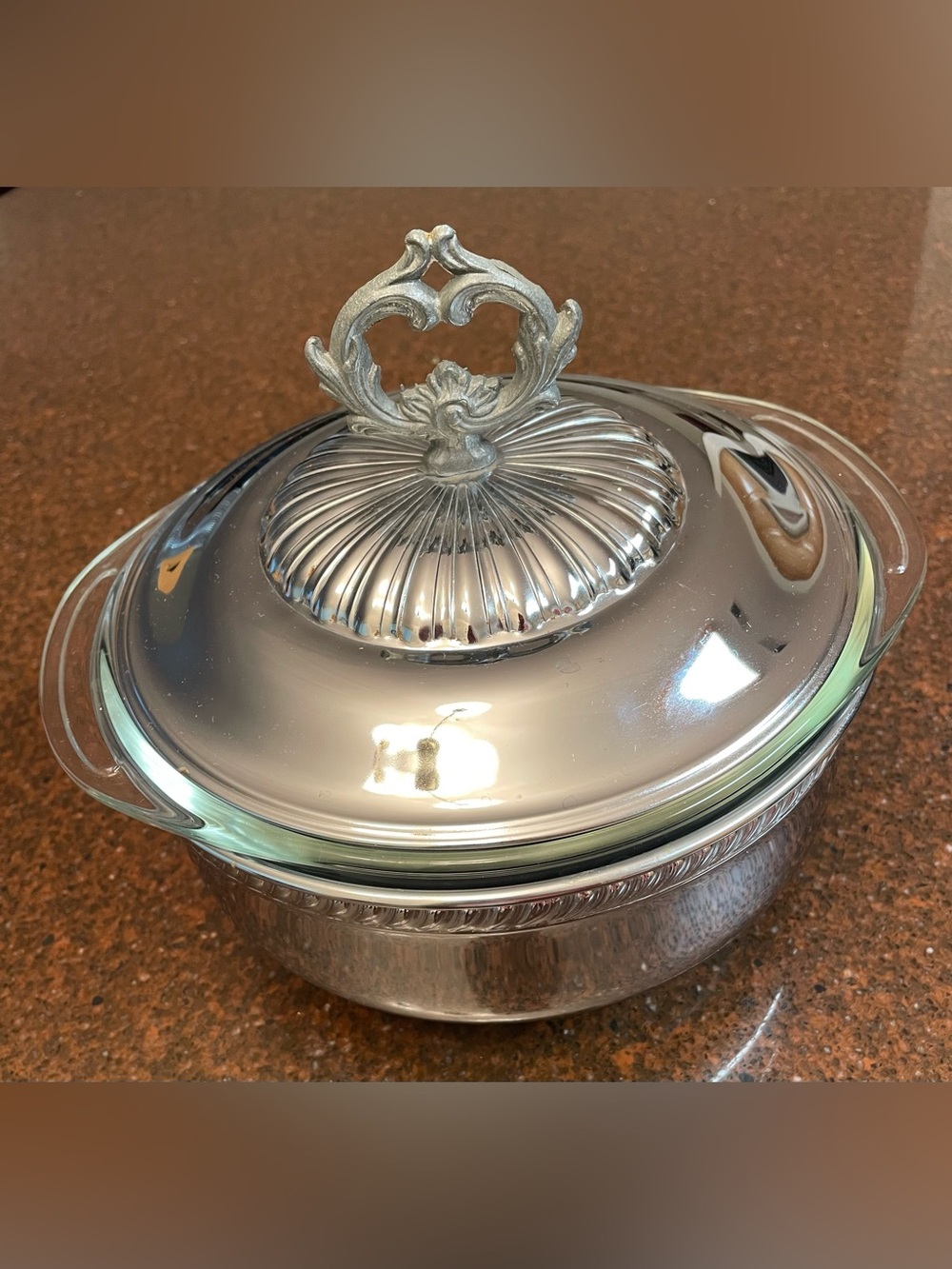 Vintage Silver Plated Casserole Dish and Lid with Serving Pyrex Glass Bowl